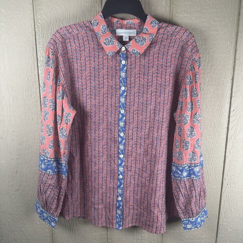 Pure J Jill Organic Cotton Button Front Top Small Pink Blue Floral Block Print